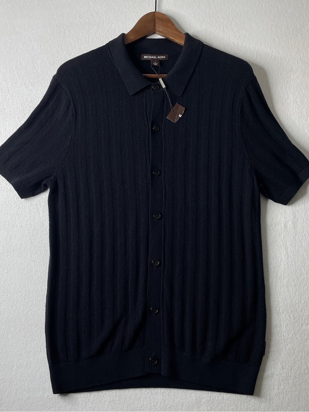 Michael Kors Knit Polo Mens Small Black Button Down Ribbed Preppy Minimalist NWT